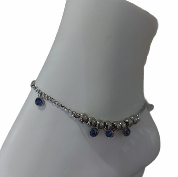 Blue CZ Anklet Rhodium Plated,316L S.Steel - Picture 2 of 9